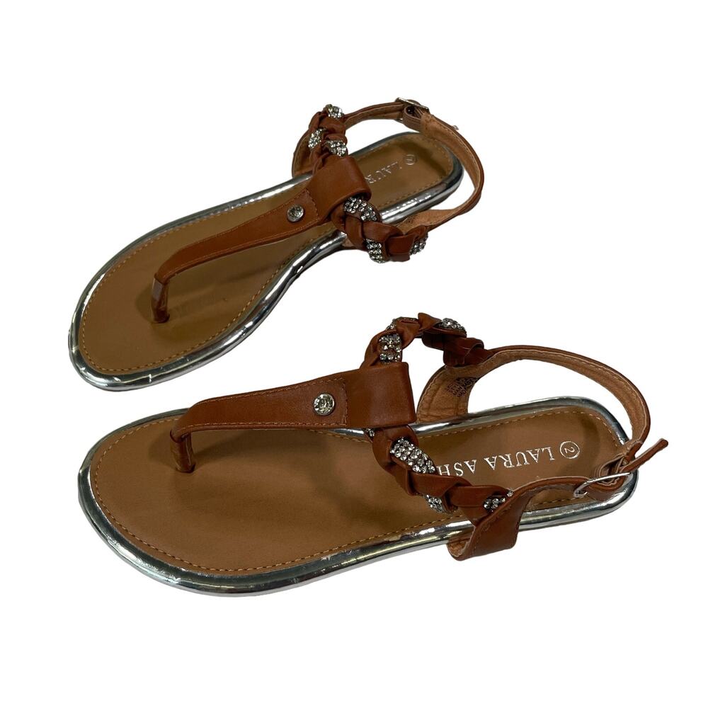 Laura Ashley Girls Size 2 Sandals Rhinestone Open Toe Casual Shoes Brown Silver